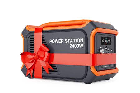High Capacity Portable Power Generator Station  with Red Ribbon as Gift on a white background. 3d...