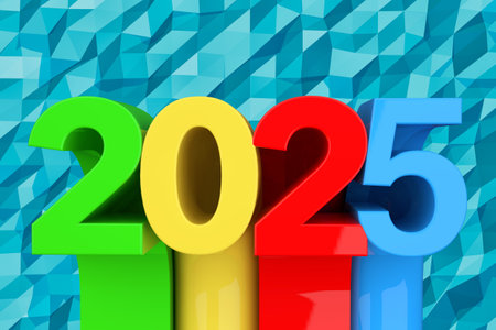 Abstract New 2025 Year Sign over blue lowpoly background. 3d Renderingの写真素材