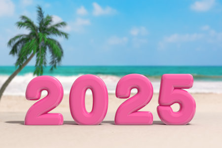 New Year Vacation Concept. Pink 2025 Happy New Year Sign on an Ocean Deserted Coast extreme closeup. 3d Renderingの写真素材