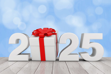2025 New Year Sign with Gift Box and Red Ribbon on a wooden table. 3d Renderingの写真素材