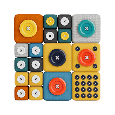Colorful Fabric Pattern with Various Buttons in Different Colors, Shapes and Sizes, Arranged in a...