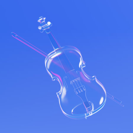 Transparent Glass Violin and Bow with Iridescent Highlights Against a blue background. 3d Renderingの写真素材