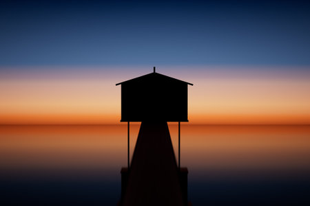 Silhouette of a Small House on a Pier Extends Out Into a Calm Water with a Vibrant Orange Sunset background. 3d Renderingの写真素材