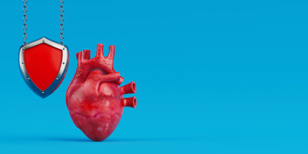 Human Heart Anatomy Internal Organ with Red Protection Shield Hanging on Chain on a blue background. 3d renderingの写真素材
