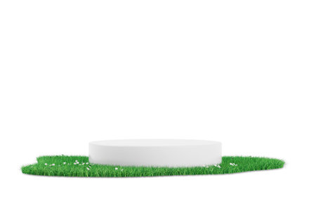 White Promotion Product Display Podium with Green Grass Patch on a white background. 3d renderingの写真素材