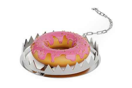 Metal Bear Trap with Big Strawberry Pink Glazed Donut with Golden Sprinkles on a white background. 3d renderingの写真素材