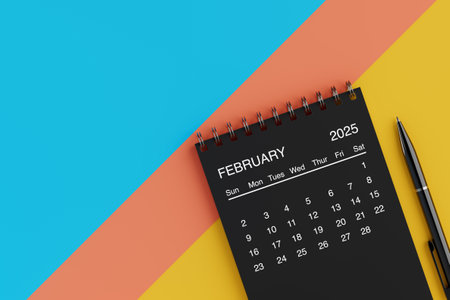 Black Flip Monthly February 2025 Business Calendar with Black Pen on a yellow, blue and orange background. 3d renderingの写真素材