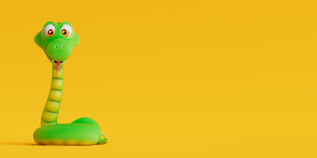 Green Cartoon Snake Character Person on a yellow background. 3d renderingの写真素材