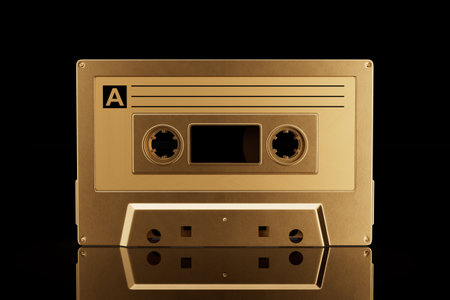 Golden Old Vintage Audio Cassette Tape Mock Up on a black background. 3d renderingの写真素材