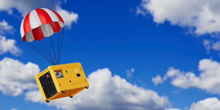 Big Yellow Outside Auxiliary Electric Power Generator Diesel Unit for Emergency Use Descends Down by...