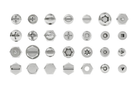 Set of Chrome Bolts and Screw Head on a white background. 3d rendering