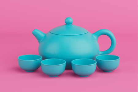 Chenese Blue Clay Tea Set with Teapot and Cups in Duotone Style on a pink background. 3d renderingの写真素材