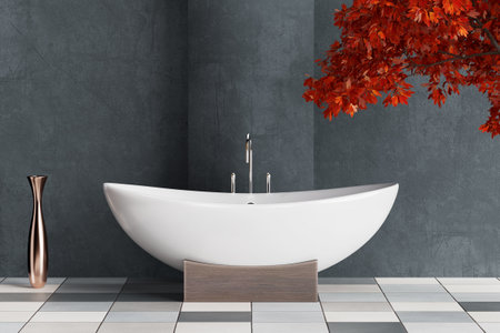 Modern White Bathtube in Abstract Bathroom Interior extreme closeup. 3d renderingの写真素材