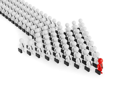 Row of Abstract Businessmans Character with Suitcases with Red Leader in front in Shape of Arrow on a white background. 3d renderingの写真素材