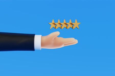Concept of Best Quality. Cartoon Hand with Five Gold Stars on a blue background. 3d renderingの写真素材