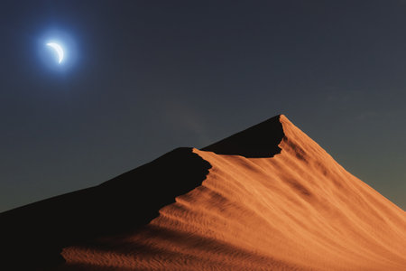 Sand Dune in the Desert with Moon extreme closeup. 3d rendering