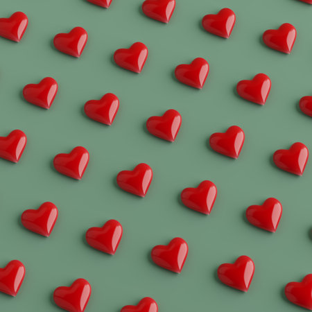 Rows of Red Heart on a green background. 3d rendering