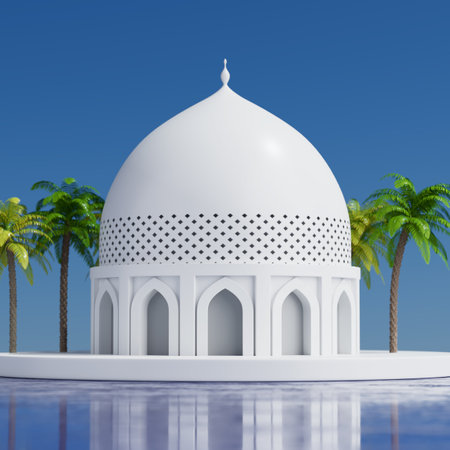 White Islamic Mosque and Minaret Building Model Icon on a blue sky background. 3d renderingの写真素材