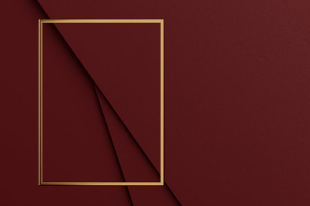 Stack of Red Paper or Fabric Texture Diagonal Abstract Presentation Background with Empty Golden Photo Frame for Banner or Your Design extreme closeup. 3d renderingの写真素材