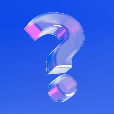Transparent Glass Question Mark Icon with Iridescent Highlights on a blue background. 3d renderingの写真素材