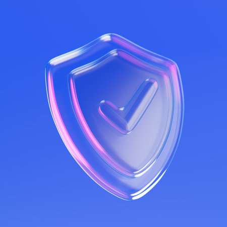 Transparent Glass Security Shield Icon with Iridescent Highlights on a blue background. 3d renderingの写真素材