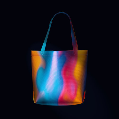 Colorful Blank Textile Tote Bag Mockup Template for Shopping with Handles in Neon Light on a black background. 3d renderingの写真素材