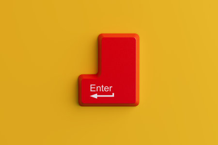 Large Red Enter Key Button from Computer Keyboard on a yellow background. 3d renderingの写真素材
