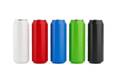 Row of Color 330ml Clean Aluminum Beverage Drink Soda Sleek Cans with Water Drops on a white...