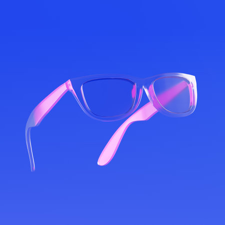 Modern Vision Technology Concept. Transparent Glasses Icon With Pink Highlights On Blue Gradient...