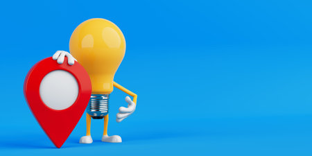 Navigation And Location Idea Concept. Yellow Light Bulb Character Holding Red Map Pin Marker On Blue Background. 3d renderingの写真素材