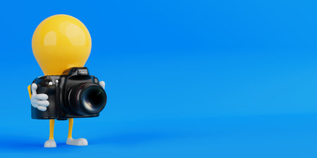 Creativity And Photography Concept. Yellow Cartoon Light Bulb Character Holding Black Digital Camera...