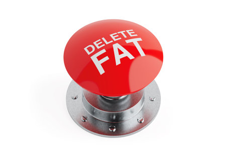 Weight Loss And Fitness Concept. Large Red Button With Text Delete Fat Mounted On Metallic Base...