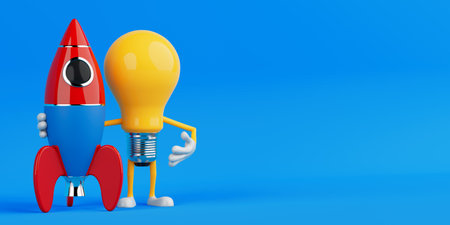 Startup Launch Idea Concept. Light Bulb Mascot Holding Rocket On Blue Background. 3d rendering