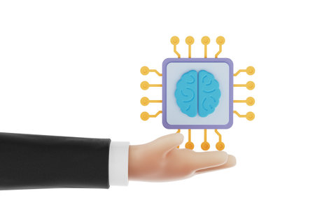 Artificial Intelligence Integration Concept. Human Hand Holding Neural Processor With Brain Symbol...