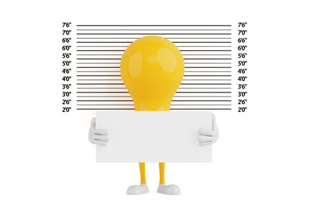 Funny Concept Of Failed Idea. Light Bulb Character Standing In Front Of Height Chart With Blank Sign...