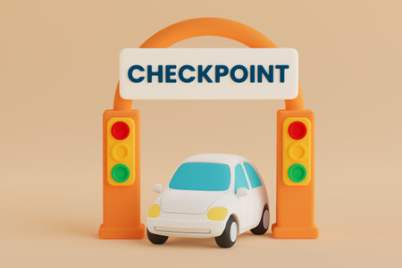 Security And Access Control Concept. White Car Passing Through Checkpoint Gate With Traffic Lights...