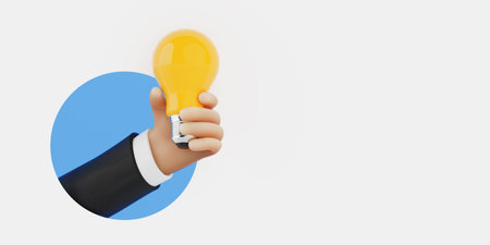 Creative Business Idea Concept. 3D Cartoon Hand In Suit Holding Yellow Light Bulb On Blue Background. 3d renderingの写真素材