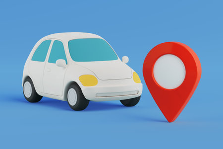 Navigation And Transport Concept. White Cartoon Car With Red Map Pointer Pin On Blue Background. 3d renderingの写真素材