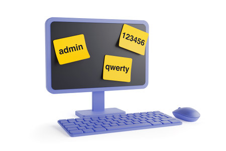 Cybersecurity Risk From Weak Passwords. Computer Monitor With Sticky Notes Showing Common Passwords on a White Background. 3d renderingの写真素材