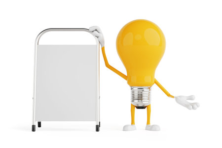 Advertising And Presentation Concept. Yellow Cartoon Light Bulb Character Standing Next To Blank A Frame Signboard On White Background. 3d renderingの写真素材