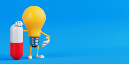 Healthcare And Medical Concept. Light Bulb Character Holding Red White Capsule On Blue Background. 3d renderingの写真素材