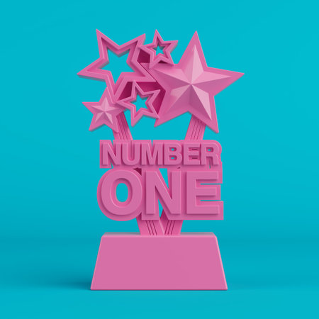 Success And Achievement Concept. Pink Trophy With Stars And Number One Text in Duotone Style On Blue Background. 3d renderingの写真素材