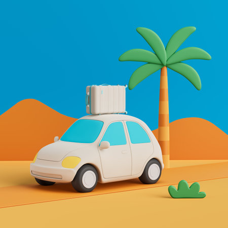 Summer Vacation Journey Concept. White Cartoon Car With Luggage On Roof Near Palm Tree On Orange Desert Road With Blue Sky. 3d renderingの写真素材
