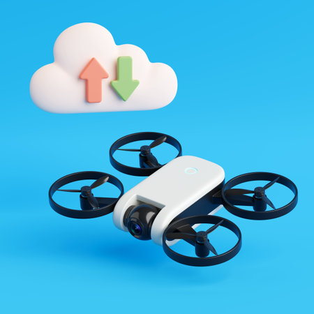 Drone Data Transfer Concept. White Drone Flying Under Cloud Icon With Upload And Download Arrows On...