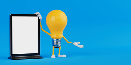 Technology And Presentation Concept. Yellow Cartoon Light Bulb Character Standing Next To Blank Digital Touchscreen Kiosk On Blue Background. 3d renderingの写真素材