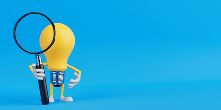 Search For Ideas Concept. Yellow Light Bulb Character Holding Magnifying Glass On Blue Background. 3d renderingの写真素材