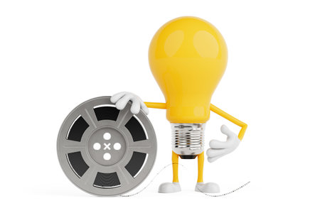 Creativity And Film Production Concept. Yellow Light Bulb Character Holding Movie Reel On White Background. 3d renderingの写真素材