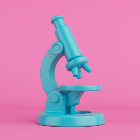Science And Education Concept. Blue Cartoon Microscope Icon in Duotone Style On Pink Background. 3d...