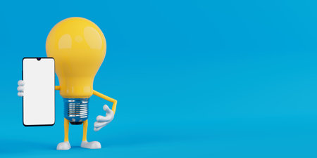 Mobile Technology Concept. Yellow Cartoon Light Bulb Character Holding Smartphone With Blank Screen On Blue Background. 3d renderingの写真素材