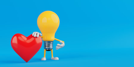 Love And Creativity Concept. Yellow Cartoon Light Bulb Character Holding Red Heart On Blue Background. 3d renderingの写真素材